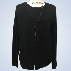 Dazzling long sleeve cardigan with beaded trim, twin set. Black beading accent